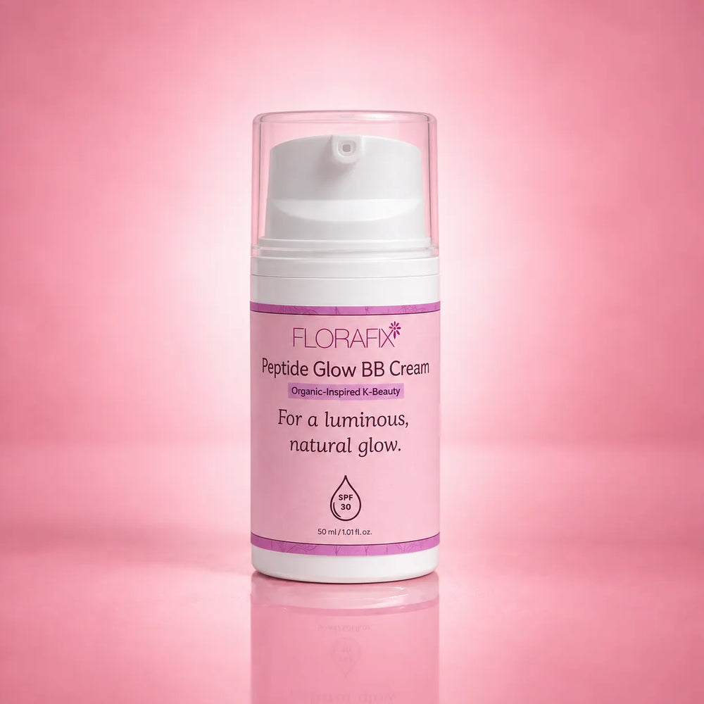 A bottle of FLORAFX Peptide Glow BB Cream with a white pump and clear cap, set against a soft pink gradient background with a subtle reflection.