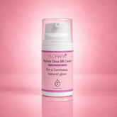 A bottle of FLORAFX Peptide Glow BB Cream with a white pump and clear cap, set against a soft pink gradient background with a subtle reflection.