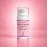 A bottle of FLORAFX Peptide Glow BB Cream with a white pump and clear cap, set against a soft pink gradient background with a subtle reflection.