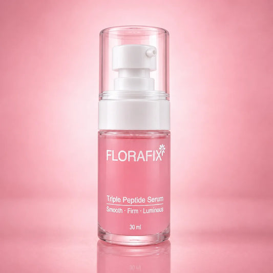 Premium Florafix Triple Peptide Serum 30ml in pink bottle for deep hydration, anti-aging care, and glass skin glow.