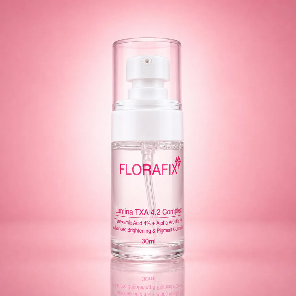 Florafix Lumina TXA 4.2 Complex 30ml brightening serum with 4% Tranexamic Acid and 2% Alpha Arbutin for dark spots.