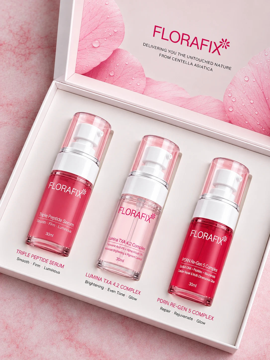 Florafix complete serum bundle with Triple Peptide, Lumina TXA 4.2 and PDRN Re-Gen 5 serums