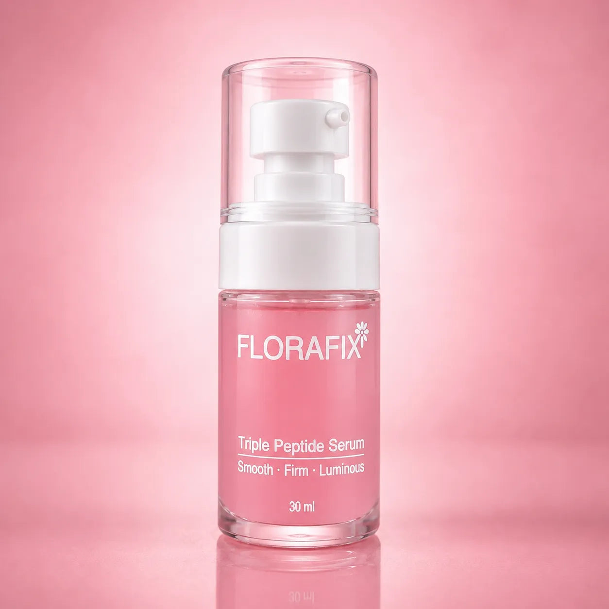 Premium Florafix Triple Peptide Serum 30ml in pink bottle for deep hydration, anti-aging care, and glass skin glow.