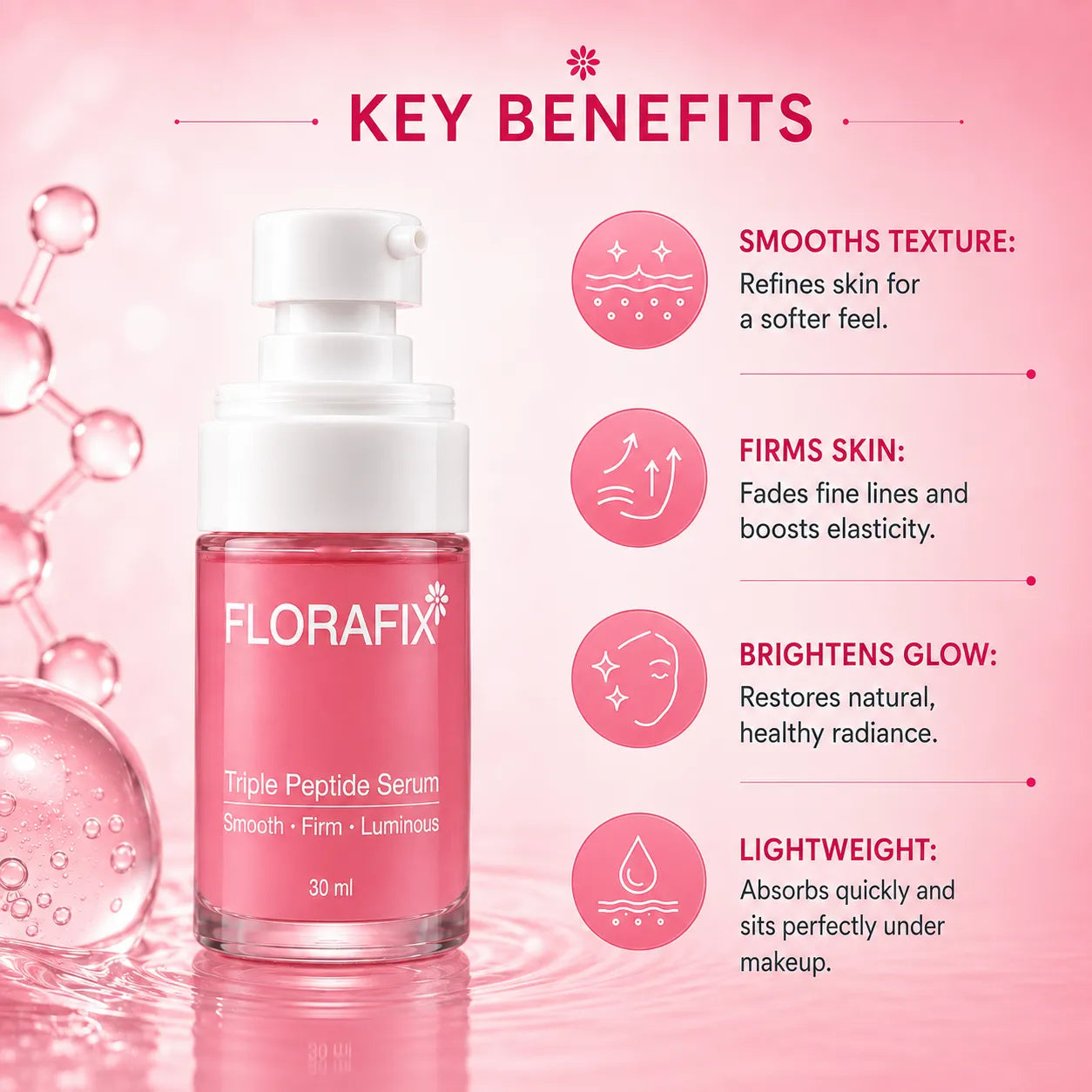 Florafix Triple Peptide Serum 30ml hydrating face serum for firming, brightening, and improving skin texture.