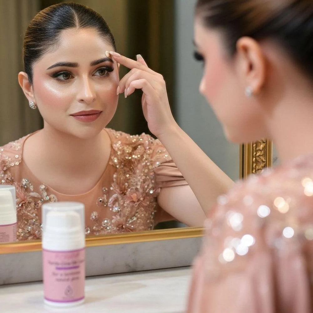 Woman applying makeup in front of a mirror with skincare products on the counter.
